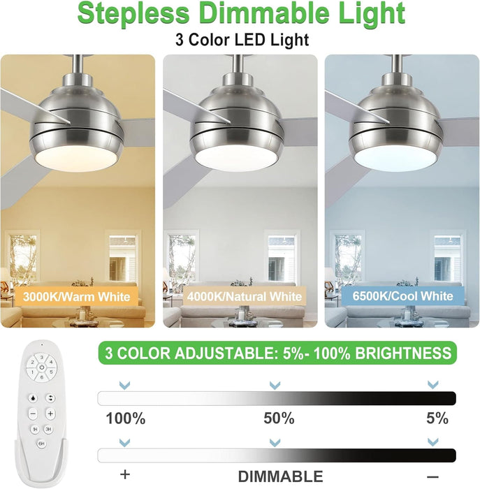 42 in. Brushed Nickel Ceiling Fan with Lights and Remote, Dimmable Reversible Quiet Ceiling Fans, Modern Bedroom Ceiling Fans, Living Room Fan-13-ErisView