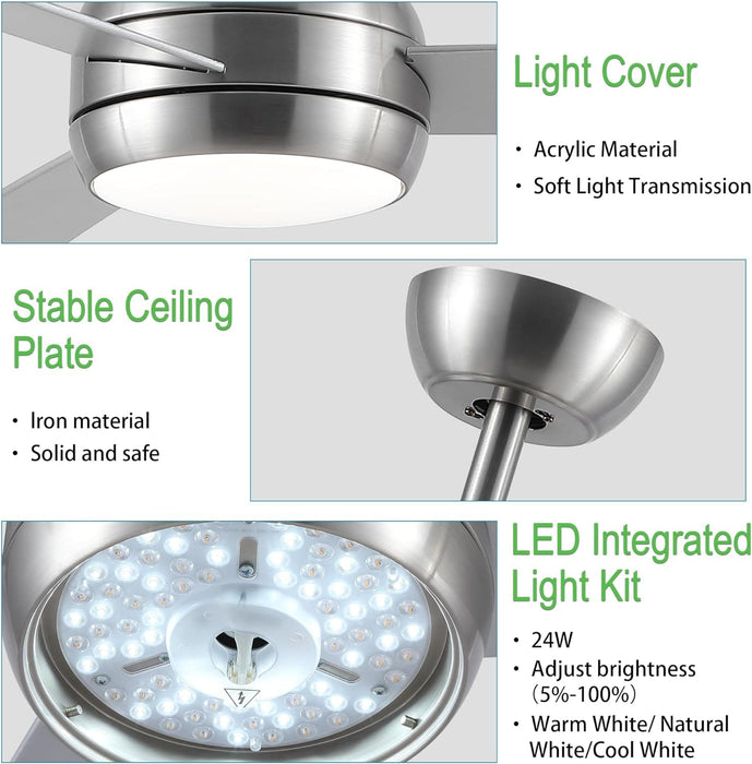 42 in. Brushed Nickel Ceiling Fan with Lights and Remote, Dimmable Reversible Quiet Ceiling Fans, Modern Bedroom Ceiling Fans, Living Room Fan-18-ErisView