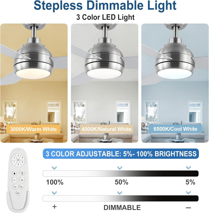 42 in. Brushed Nickel Ceiling Fan with Lights and Remote, Dimmable Reversible Quiet Ceiling Fans, Modern Bedroom Ceiling Fans, Living Room Fan-5-ErisView