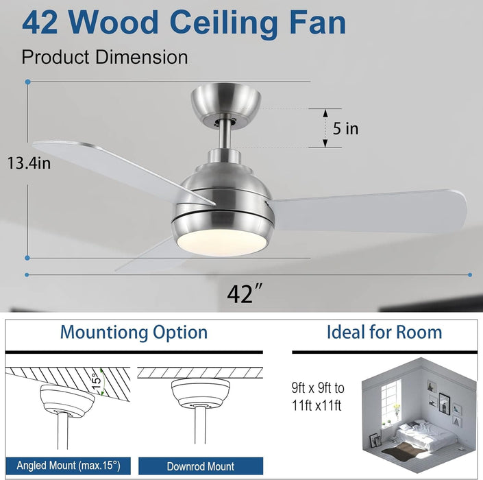 42 in. Brushed Nickel Ceiling Fan with Lights and Remote, Dimmable Reversible Quiet Ceiling Fans, Modern Bedroom Ceiling Fans, Living Room Fan-9-ErisView