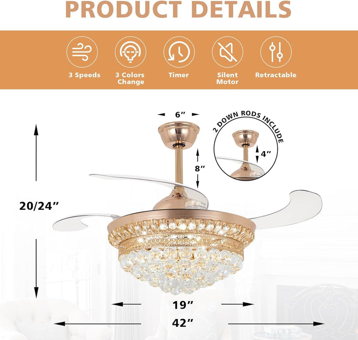 42 in. Ceiling Fan LED Light and Remote, Rose Gold Crystal Chandelier Fan, Pretty Ceiling Fans, Ceiling Fan for Bedroom Living Room Dining Room-7-ErisView