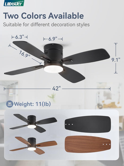 42 in. Ceiling Fan with Lights Remote, Reversible Quiet Ceiling Fans, Black Modern Flush Mount Ceiling Fan with Low Profile Light for Bedroom Living Room-6-ErisView