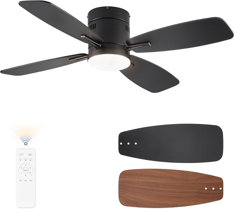 42 in. Ceiling Fan with Lights Remote, Reversible Quiet Ceiling Fans, Black Modern Flush Mount Ceiling Fan with Low Profile Light for Bedroom Living Room-1-ErisView