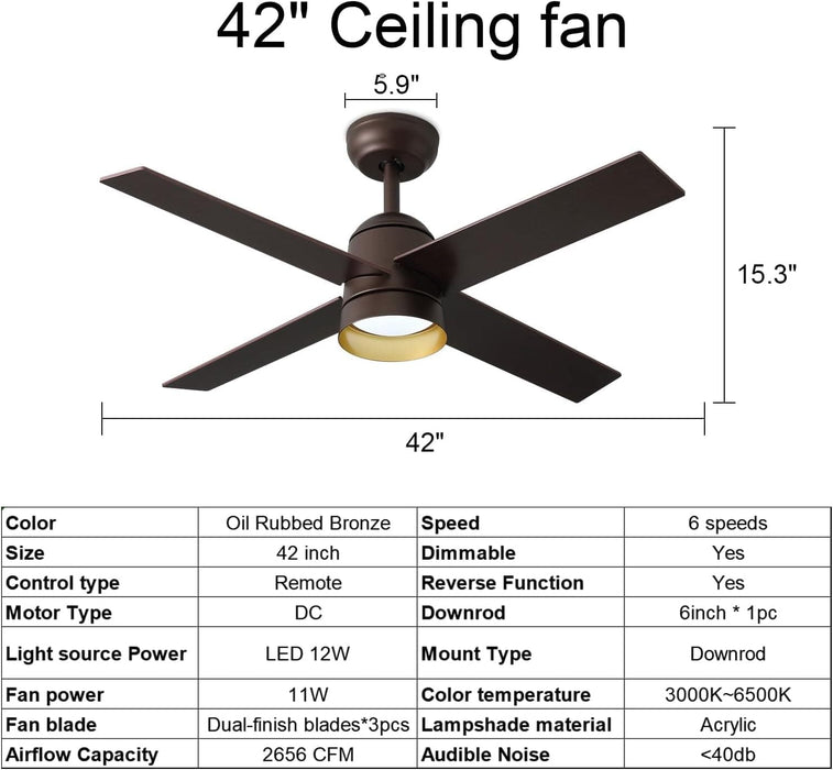 42 in. Ceiling Fan with Lights and Remote for Kitchen Dining Room Bedroom, Small Oil Rubbed Bronze Ceiling Fan with Light, Unusual Ceiling Fans-6-ErisView