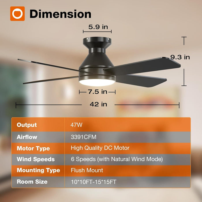 42 in. Ceiling Fan with Low Profile Light and Remote, Small Flush Mount Outdoor Ceiling Fans, Reversible Black Outdoor Ceiling Fans-8-ErisView
