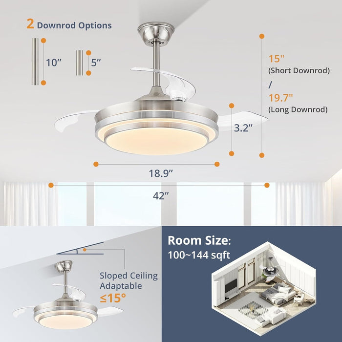 42 in. Ceiling Fan without Blades, Pretty Ceiling Fans with Lights and Remote, Brushed Nickel Ceiling Fan, Smart LED Modern Ceiling Fan -7-ErisView