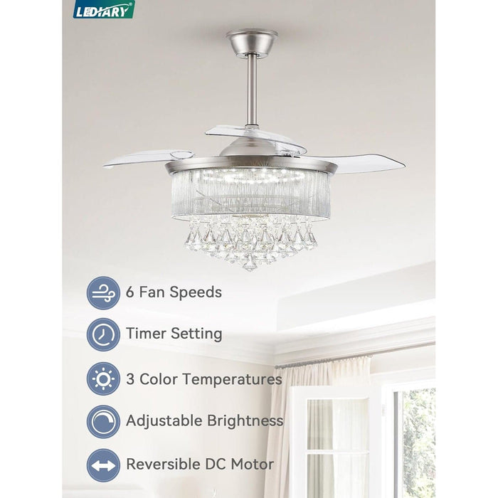 42 in. Chandelier Ceiling Fan with Lights and Remote, Retractable Crystal Fandelier Ceiling Fan, Brushed Nickel Decorative Ceiling Fans with Lights-2-ErisView
