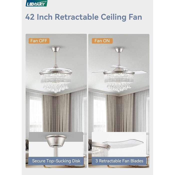 42 in. Chandelier Ceiling Fan with Lights and Remote, Retractable Crystal Fandelier Ceiling Fan, Brushed Nickel Decorative Ceiling Fans with Lights-4-ErisView