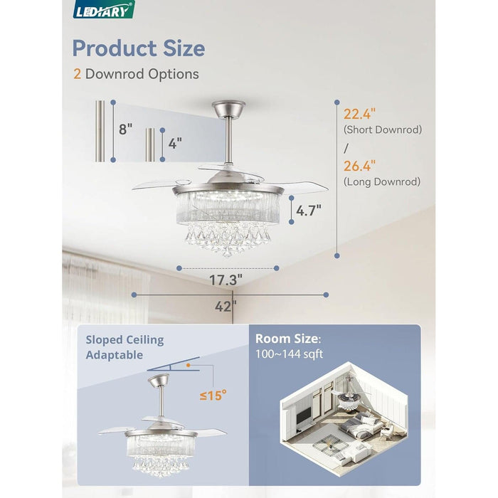 42 in. Chandelier Ceiling Fan with Lights and Remote, Retractable Crystal Fandelier Ceiling Fan, Brushed Nickel Decorative Ceiling Fans with Lights-6-ErisView