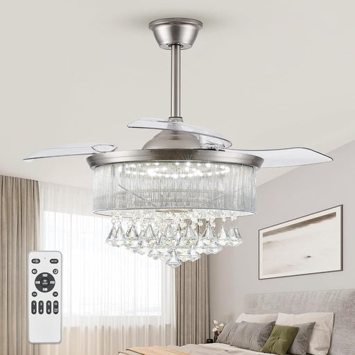 42 in. Chandelier Ceiling Fan with Lights and Remote, Retractable Crystal Fandelier Ceiling Fan, Brushed Nickel Decorative Ceiling Fans with Lights-1-ErisView
