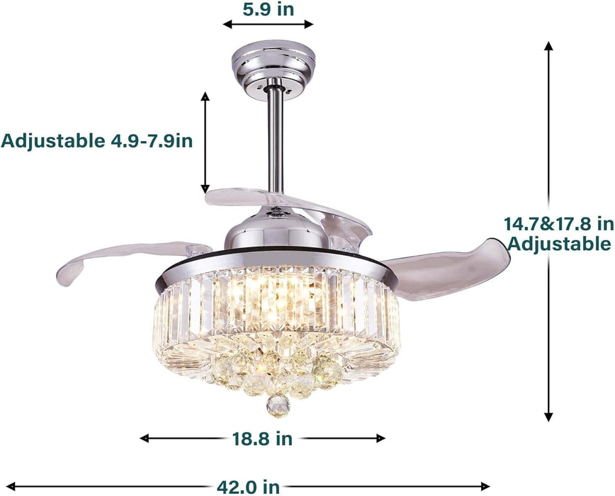 42 in. Chrome Ceiling Fan with Light Fandelier, Retractable Crystal Ceiling Fan Chandelier with Remote Control for Living Room-3-ErisView