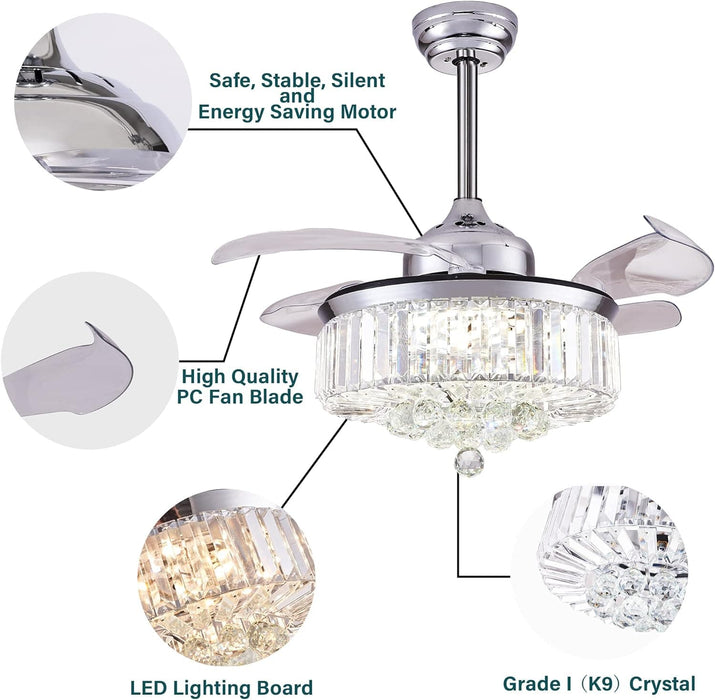 42 in. Chrome Ceiling Fan with Light Fandelier, Retractable Crystal Ceiling Fan Chandelier with Remote Control for Living Room-4-ErisView
