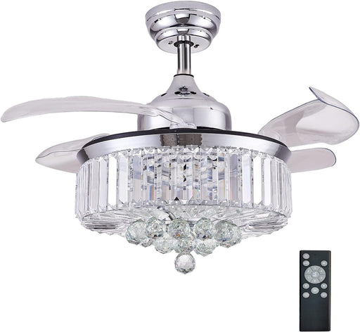 42 in. Chrome Ceiling Fan with Light Fandelier, Retractable Crystal Ceiling Fan Chandelier with Remote Control for Living Room-1-ErisView