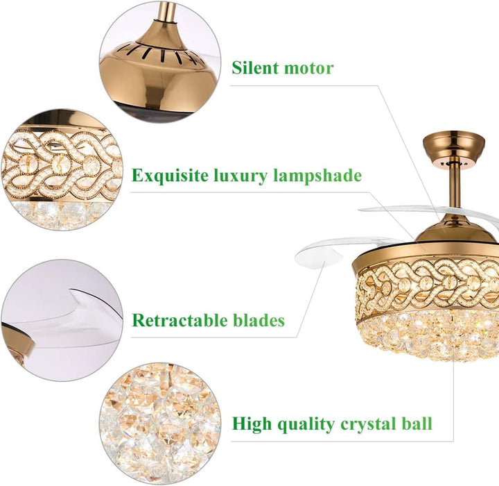 42 in. Chrome Chandelier Crystal Ceiling Fan with Light Remote, Dimmable Chandelier Fan Light for Indoor Living Room BedRoom-11-ErisView