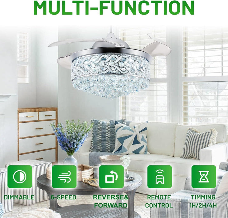 42 in. Chrome Chandelier Crystal Ceiling Fan with Light Remote, Dimmable Chandelier Fan Light for Indoor Living Room BedRoom-2-ErisView