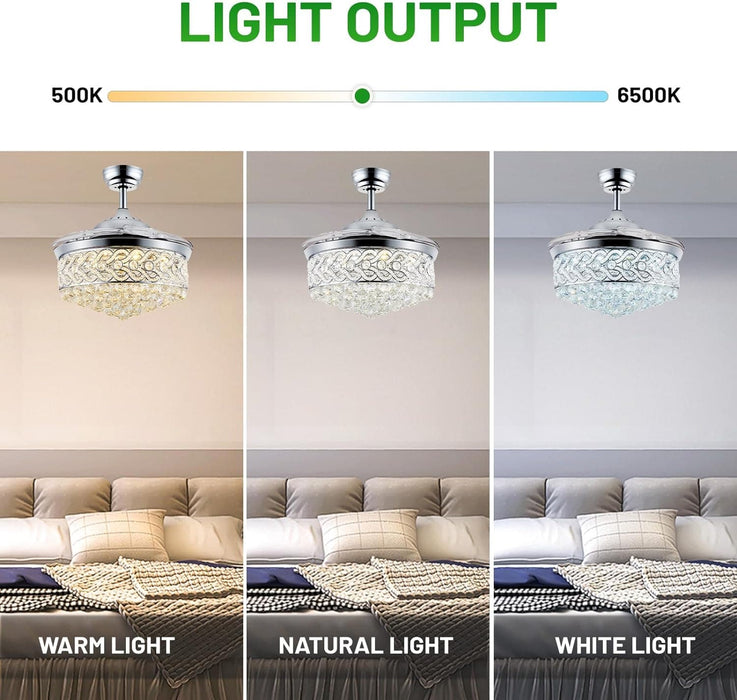 42 in. Chrome Chandelier Crystal Ceiling Fan with Light Remote, Dimmable Chandelier Fan Light for Indoor Living Room BedRoom-3-ErisView