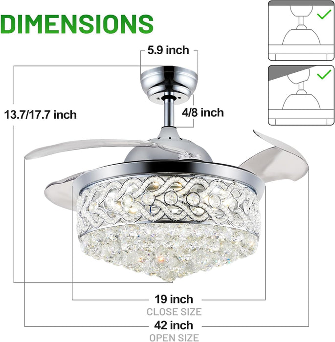 42 in. Chrome Chandelier Crystal Ceiling Fan with Light Remote, Dimmable Chandelier Fan Light for Indoor Living Room BedRoom-5-ErisView