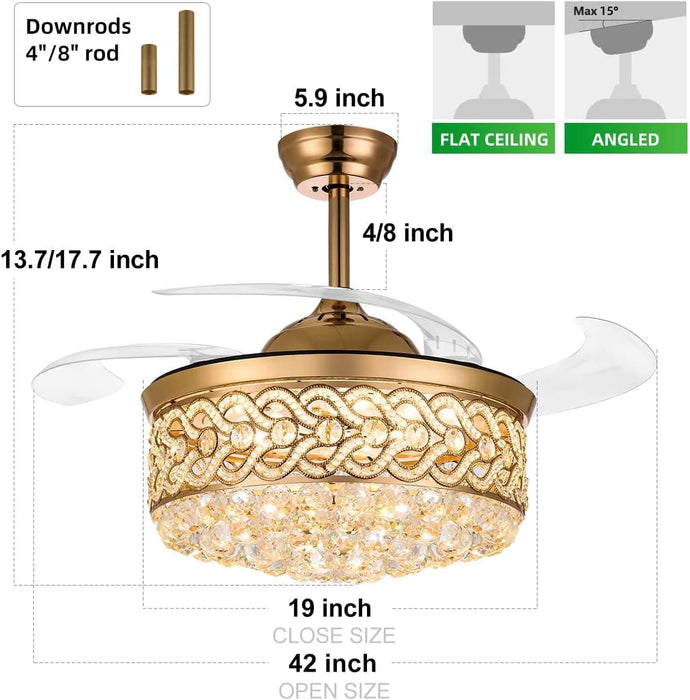 42 in. Chrome Chandelier Crystal Ceiling Fan with Light Remote, Dimmable Chandelier Fan Light for Indoor Living Room BedRoom-9-ErisView