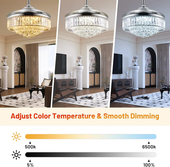 42 in. Chrome Chandelier Fan Light and APP Remote Control, Dimmable Retractable Chandelier Fan, Modern Crystal Ceiling Fan for Living Room Dining Room-2-ErisView
