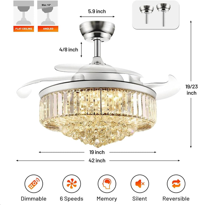 42 in. Chrome Chandelier Fan Light and APP Remote Control, Dimmable Retractable Chandelier Fan, Modern Crystal Ceiling Fan for Living Room Dining Room-3-ErisView