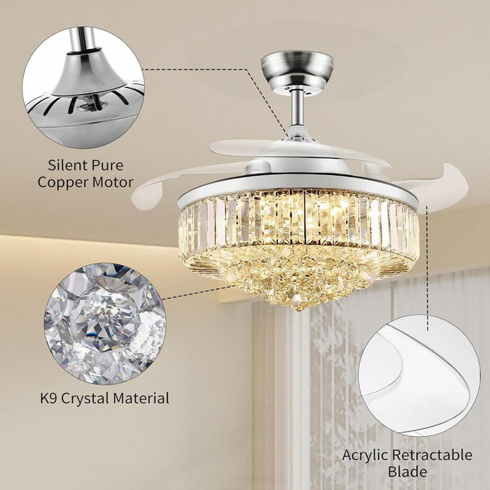 42 in. Chrome Chandelier Fan Light and APP Remote Control, Dimmable Retractable Chandelier Fan, Modern Crystal Ceiling Fan for Living Room Dining Room-6-ErisView