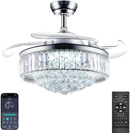 42 in. Chrome Chandelier Fan Light and APP Remote Control, Dimmable Retractable Chandelier Fan, Modern Crystal Ceiling Fan for Living Room Dining Room-1-ErisView