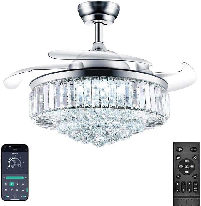 42 in. Chrome Chandelier Fan Light and APP Remote Control, Dimmable Retractable Chandelier Fan, Modern Crystal Ceiling Fan for Living Room Dining Room-1-ErisView