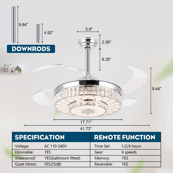 42 in. Chrome Retractable Ceiling Fan with Light Remote APP Control, Crystal Invisible Fan with Bluetooth Music Player for Living Room Bedroom Dining Room -2-ErisView