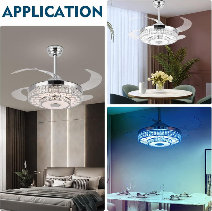 42 in. Chrome Retractable Ceiling Fan with Light Remote APP Control, Crystal Invisible Fan with Bluetooth Music Player for Living Room Bedroom Dining Room -3-ErisView