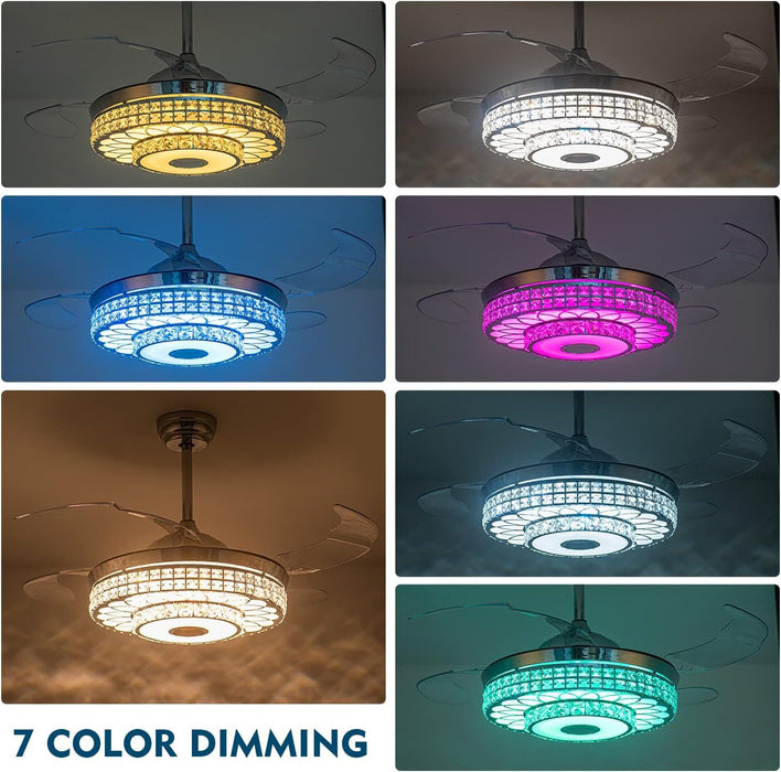 42 in. Chrome Retractable Ceiling Fan with Light Remote APP Control, Crystal Invisible Fan with Bluetooth Music Player for Living Room Bedroom Dining Room -4-ErisView