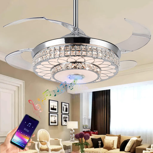 42 in. Chrome Retractable Ceiling Fan with Light Remote APP Control, Crystal Invisible Fan with Bluetooth Music Player for Living Room Bedroom Dining Room -1-ErisView