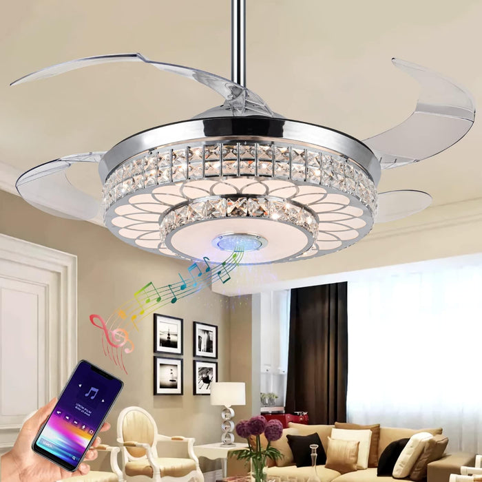 42 in. Chrome Retractable Ceiling Fan with Light Remote APP Control, Crystal Invisible Fan with Bluetooth Music Player for Living Room Bedroom Dining Room -1-ErisView