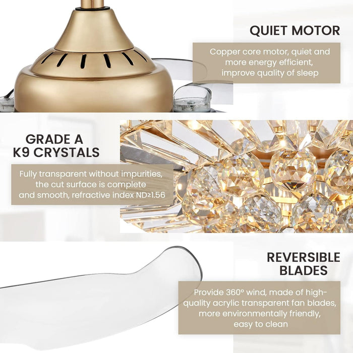 42 in. Chrome Retractable Crystal Ceiling Fan with Lights and Remote, Modern Fan with Light, Reverse Fandelier, Dimmable Chandelier Fan-11-ErisView