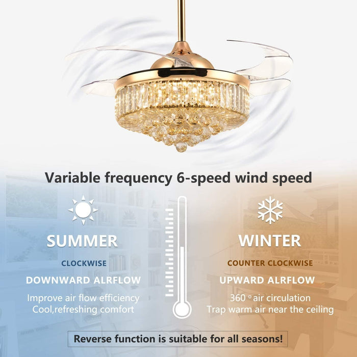 42 in. Chrome Retractable Crystal Ceiling Fan with Lights and Remote, Modern Fan with Light, Reverse Fandelier, Dimmable Chandelier Fan-13-ErisView