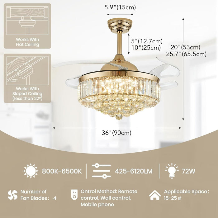 42 in. Chrome Retractable Crystal Ceiling Fan with Lights and Remote, Modern Fan with Light, Reverse Fandelier, Dimmable Chandelier Fan-16-ErisView
