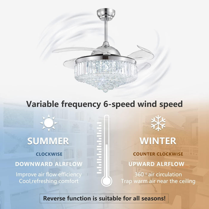 42 in. Chrome Retractable Crystal Ceiling Fan with Lights and Remote, Modern Fan with Light, Reverse Fandelier, Dimmable Chandelier Fan-4-ErisView