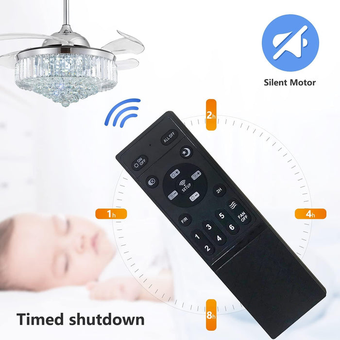 42 in. Chrome Retractable Crystal Ceiling Fan with Lights and Remote, Modern Fan with Light, Reverse Fandelier, Dimmable Chandelier Fan-5-ErisView