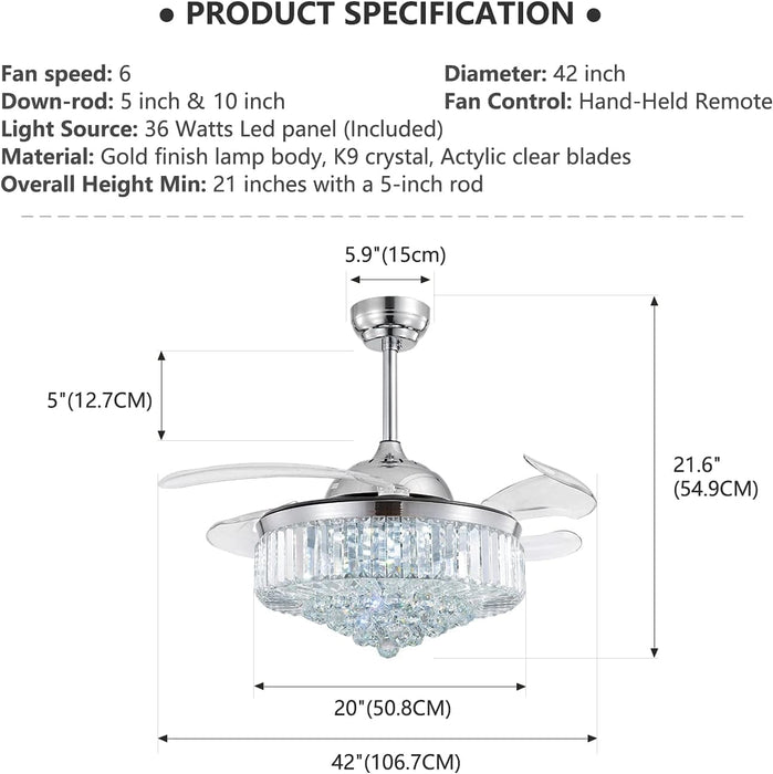 42 in. Chrome Retractable Crystal Ceiling Fan with Lights and Remote, Modern Fan with Light, Reverse Fandelier, Dimmable Chandelier Fan-7-ErisView