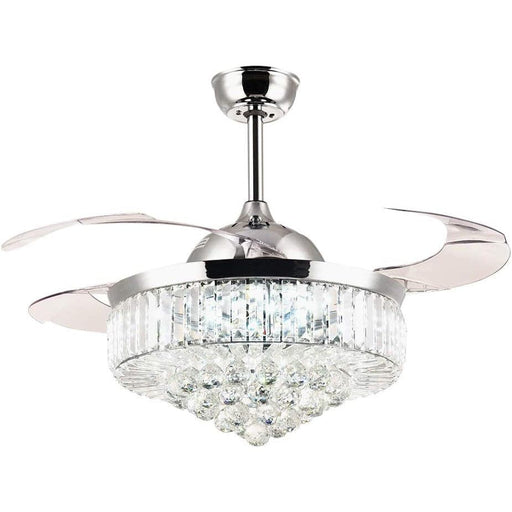 42 in. Chrome Retractable Crystal Ceiling Fan with Lights and Remote, Modern Fan with Light, Reverse Fandelier, Dimmable Chandelier Fan-1-ErisView