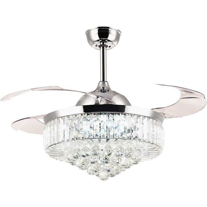 42 in. Chrome Retractable Crystal Ceiling Fan with Lights and Remote, Modern Fan with Light, Reverse Fandelier, Dimmable Chandelier Fan-1-ErisView