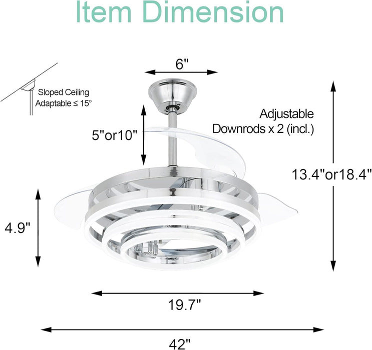 42 in. Chrome Retractable Modern Remote Control Ceiling Fan and Light, Silent Reversible Chandelier Ceiling Fan for Bedroom-5-ErisView