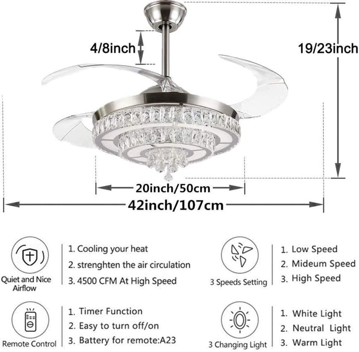 42 in. Crystal Ceiling Fan Chandelier with Light and Remote, Retractable Blade Ceiling Fan Light Fixture for Living Room Bedroom, Decorative Ceiling Fans-3-ErisView
