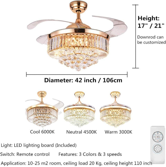 42 in. Crystal Ceiling Fan with LED Light and Remote Control, Retractable Fandelier for Bedrooms with Silent Motor, Luxury Ceiling Fans for Living Room-2-ErisView