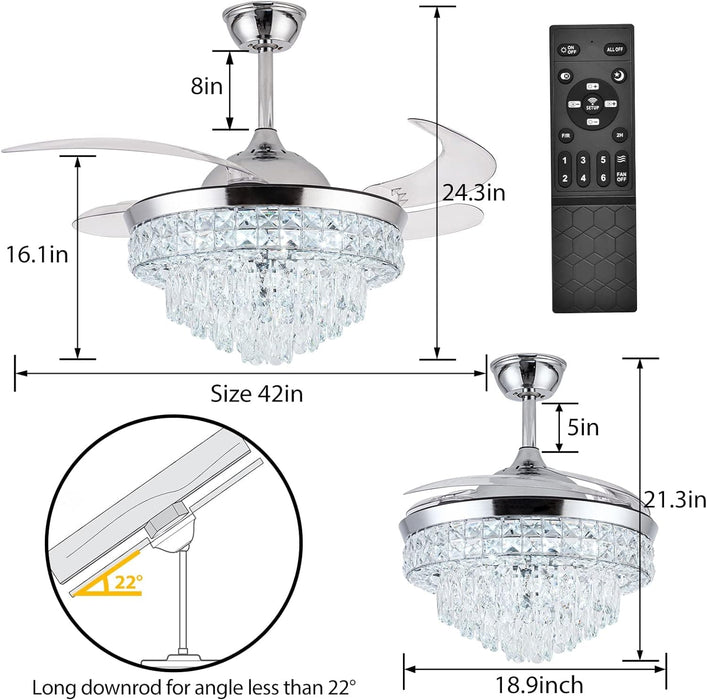 42 in. Crystal Ceiling Fan with Light, Indoor Dimmable Crystal Fandelier, Gold Retractable Ceiling Fan Chandelier Fan for Living Room Dining Room -10-ErisView