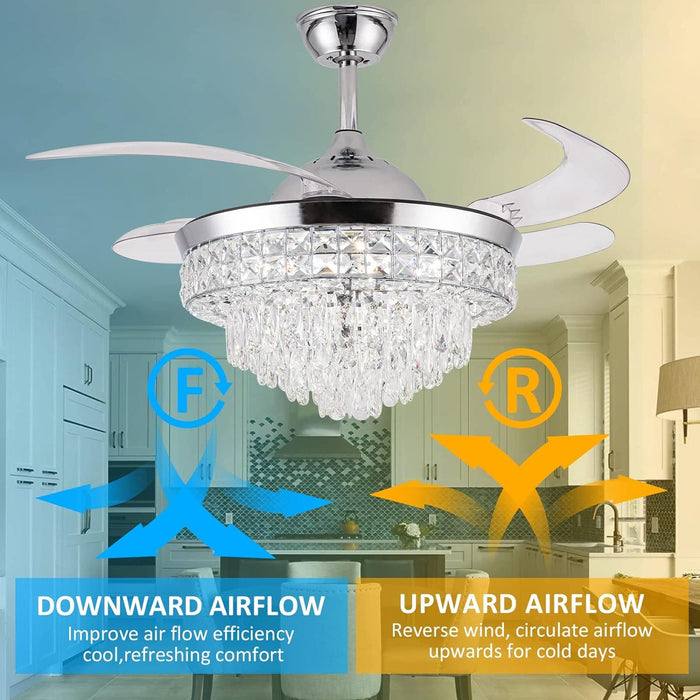 42 in. Crystal Ceiling Fan with Light, Indoor Dimmable Crystal Fandelier, Gold Retractable Ceiling Fan Chandelier Fan for Living Room Dining Room -12-ErisView