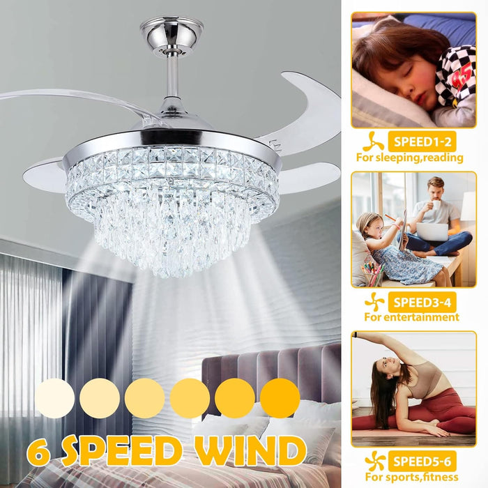 42 in. Crystal Ceiling Fan with Light, Indoor Dimmable Crystal Fandelier, Gold Retractable Ceiling Fan Chandelier Fan for Living Room Dining Room -13-ErisView