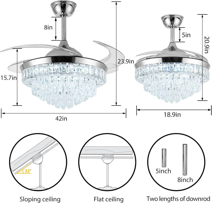 42 in. Crystal Ceiling Fan with Light, Indoor Dimmable Crystal Fandelier, Gold Retractable Ceiling Fan Chandelier Fan for Living Room Dining Room -18-ErisView