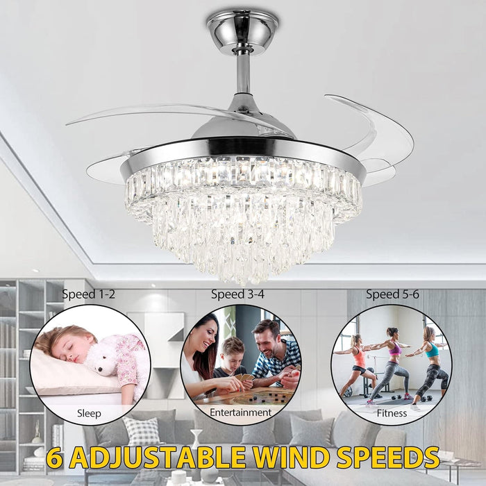 42 in. Crystal Ceiling Fan with Light, Indoor Dimmable Crystal Fandelier, Gold Retractable Ceiling Fan Chandelier Fan for Living Room Dining Room -22-ErisView
