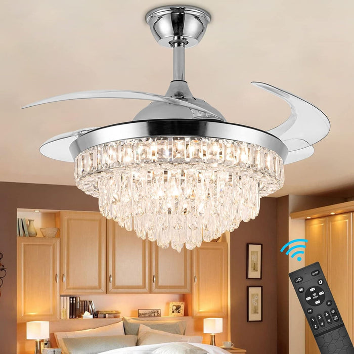 42 in. Crystal Ceiling Fan with Light, Indoor Dimmable Crystal Fandelier, Gold Retractable Ceiling Fan Chandelier Fan for Living Room Dining Room -23-ErisView