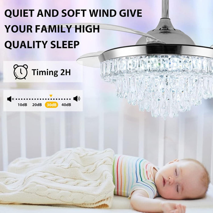 42 in. Crystal Ceiling Fan with Light, Indoor Dimmable Crystal Fandelier, Gold Retractable Ceiling Fan Chandelier Fan for Living Room Dining Room -24-ErisView